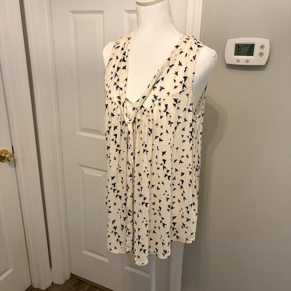 Ember Cream Boho Bird Graphic Print Flowy Blouse V Neck Tie Front Large Peasant